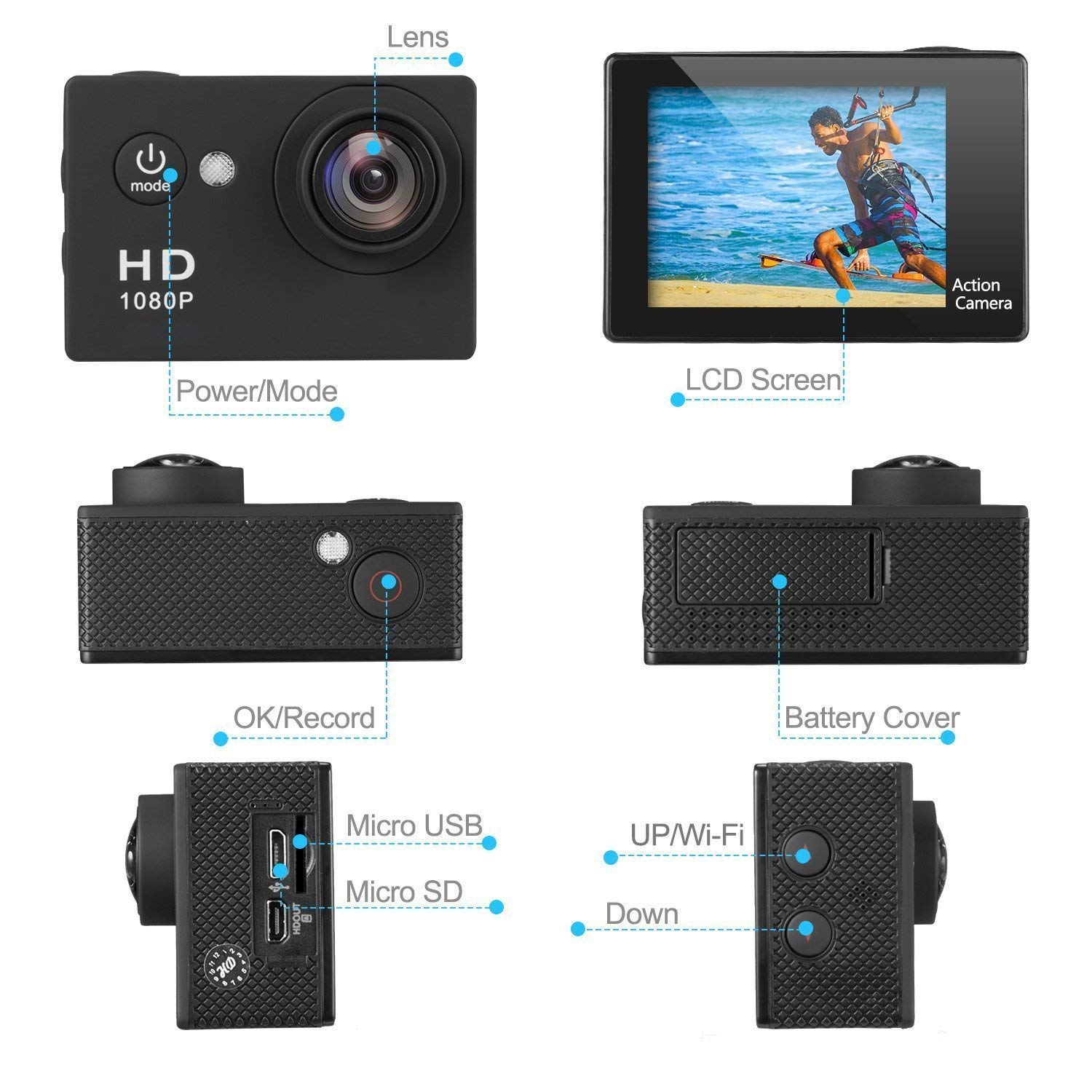 Dearam 1080P Action Camera, Ultra HD 30m Waterproof Camera, 140 Degree Wide Angle, 2 Rechargeable Batteries and Mounting Accessories Kit